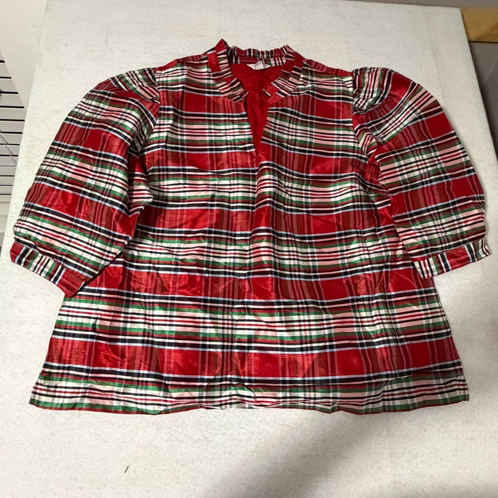 Crown & Ivy Womens 2X Red Plaid Ruffle Neck Puff Sleeve Holiday Blouse Top